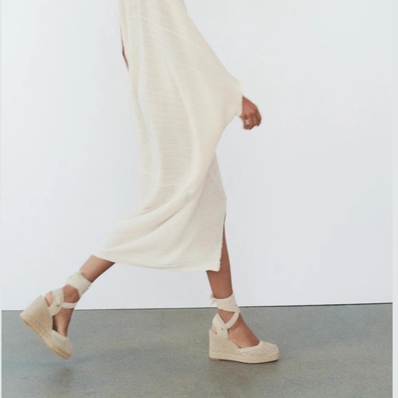 Zara Espadrilles Ankle Tied Crochet Wedges Off White Cream Beige size 6.5 37 NWT - Picture 9 of 11